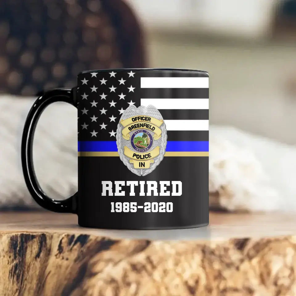 Personalized Retired US Police Badge & Service Time US Flag Blue Line Black Mug Printed QTKH241851