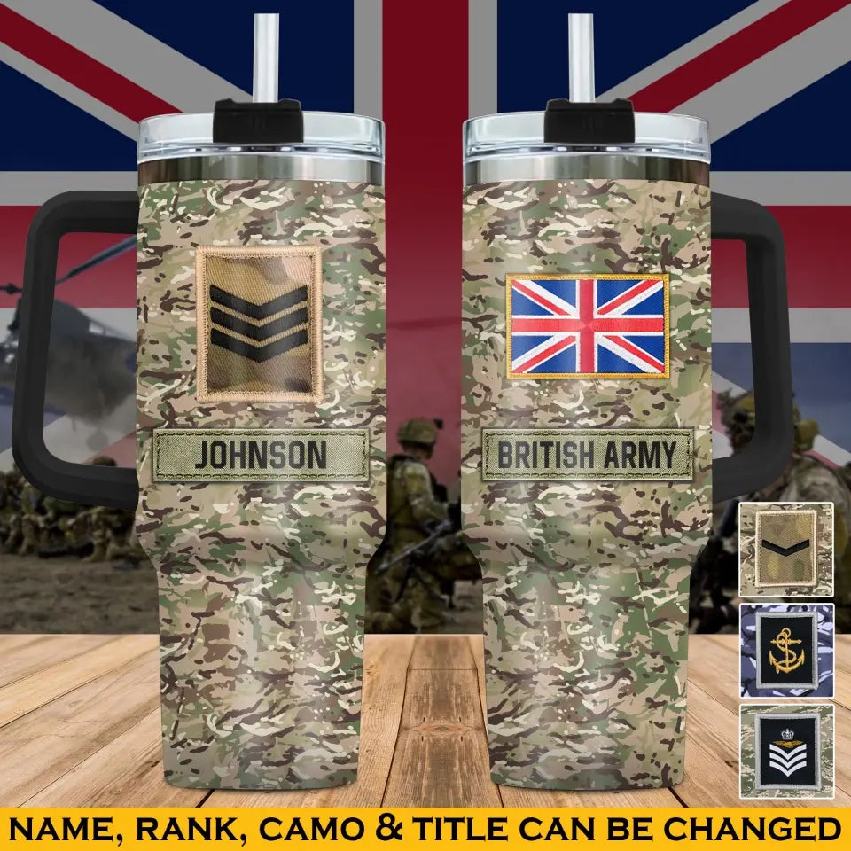 Personalized British Veteran Rank Camo & Name 40oz Matte Tumbler With Handle Printed AHVA241856