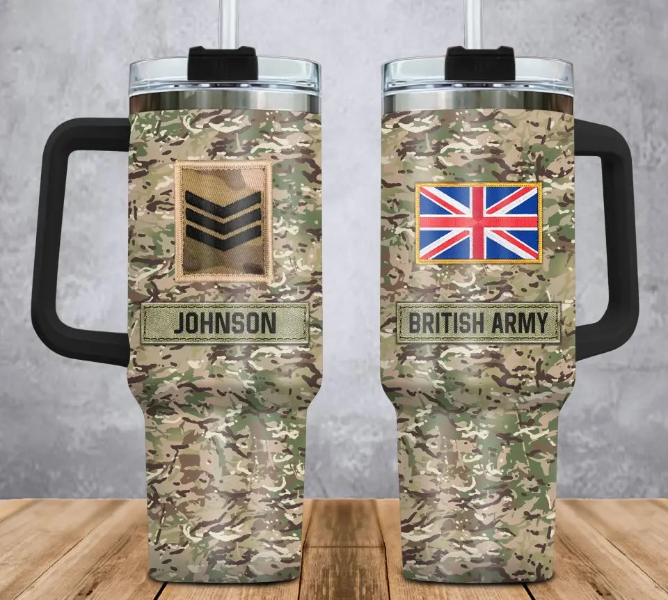 Personalized British Veteran Rank Camo & Name 40oz Matte Tumbler With Handle Printed AHVA241856