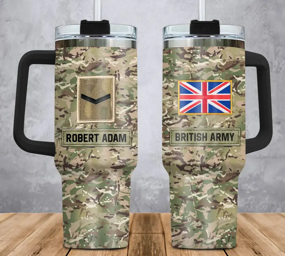 Personalized British Veteran Rank Camo & Name 40oz Matte Tumbler With Handle Printed AHVA241856