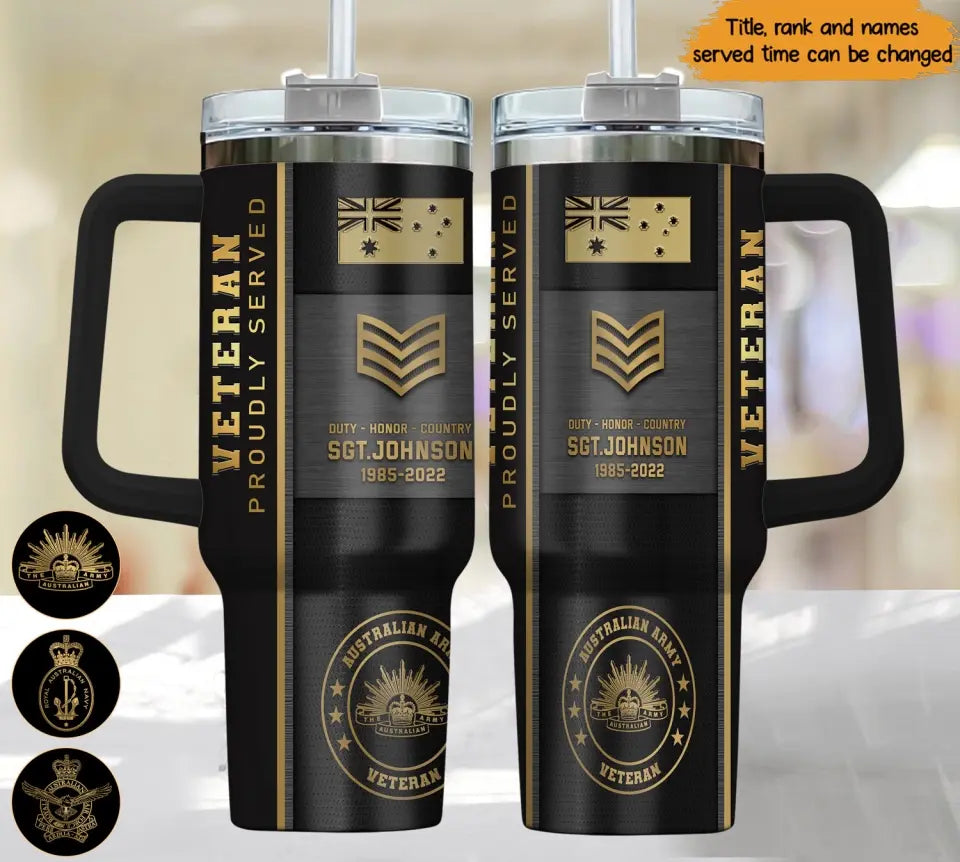 Personalized Australian Army Veteran Proudly Served Rank Gold & Time  40oz Matte Tumbler With Handle Printed AHHN241859
