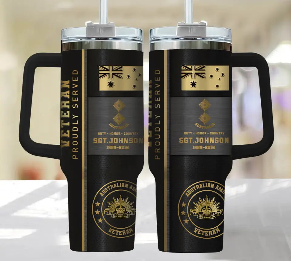 Personalized Australian Army Veteran Proudly Served Rank Gold & Time  40oz Matte Tumbler With Handle Printed AHHN241859