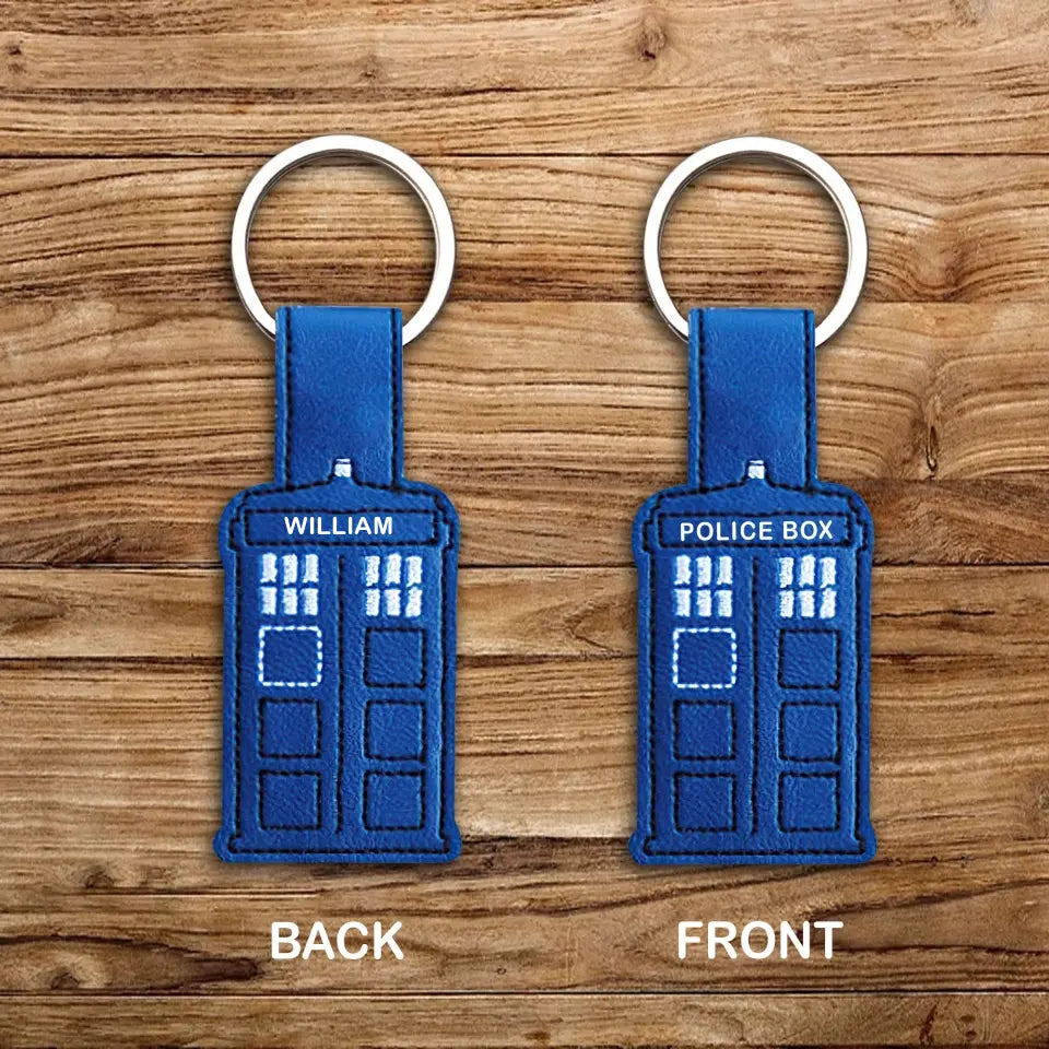 Personalized Blue Police Box Custom Name Leather Keychain Printed QTVA241847