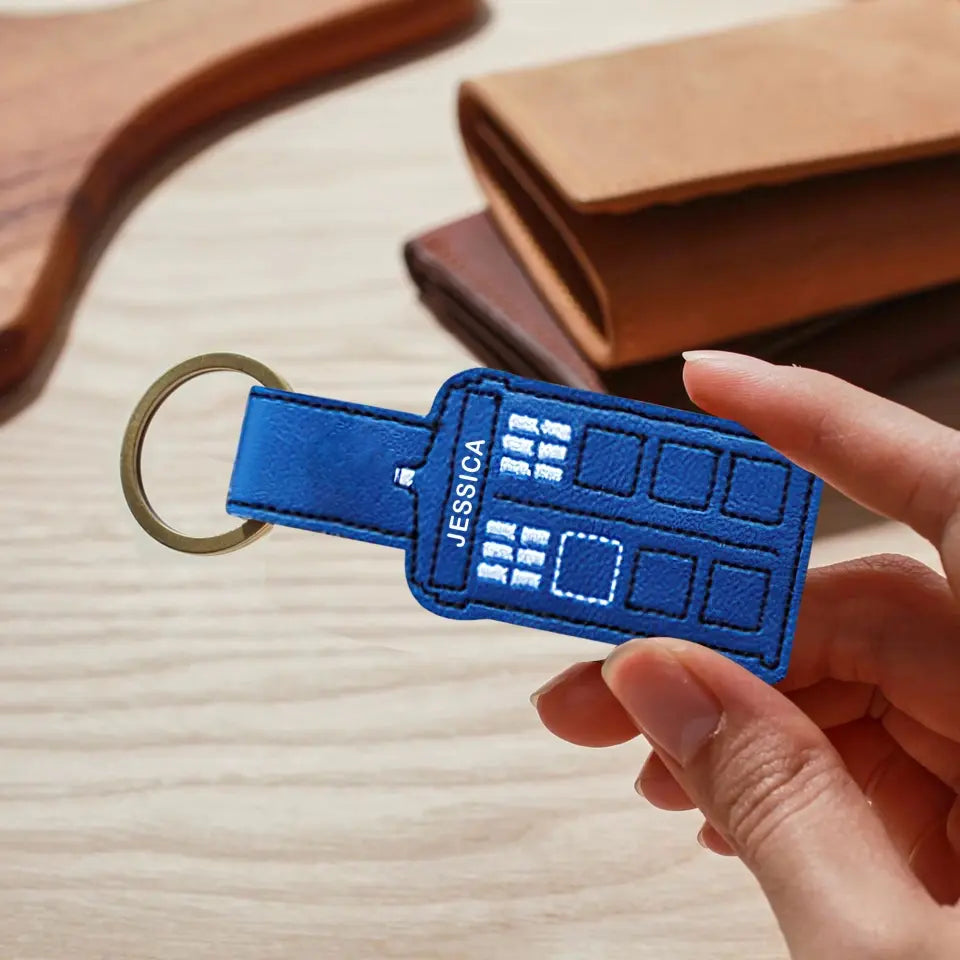 Personalized Blue Police Box Custom Name Leather Keychain Printed QTVA241847