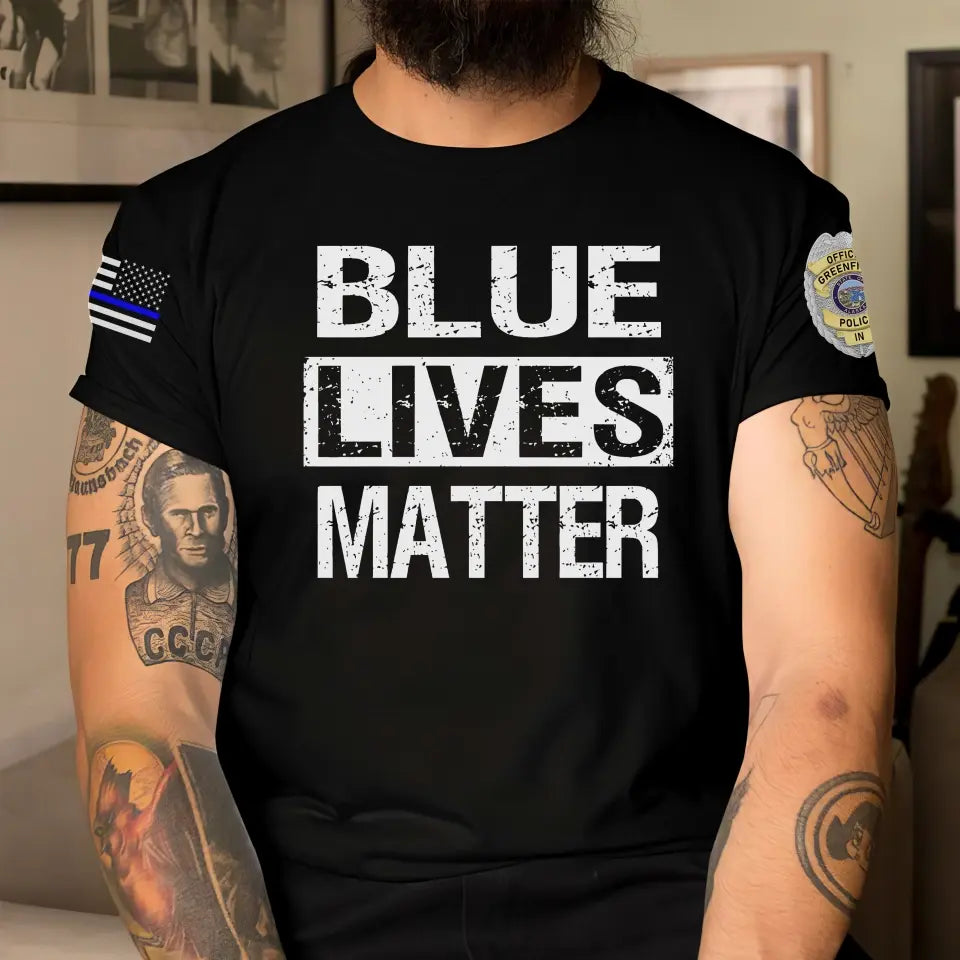 Personalized Blue Lives Matter US Police Badge US Flag Blue Line T-shirt Printed QTKH241865