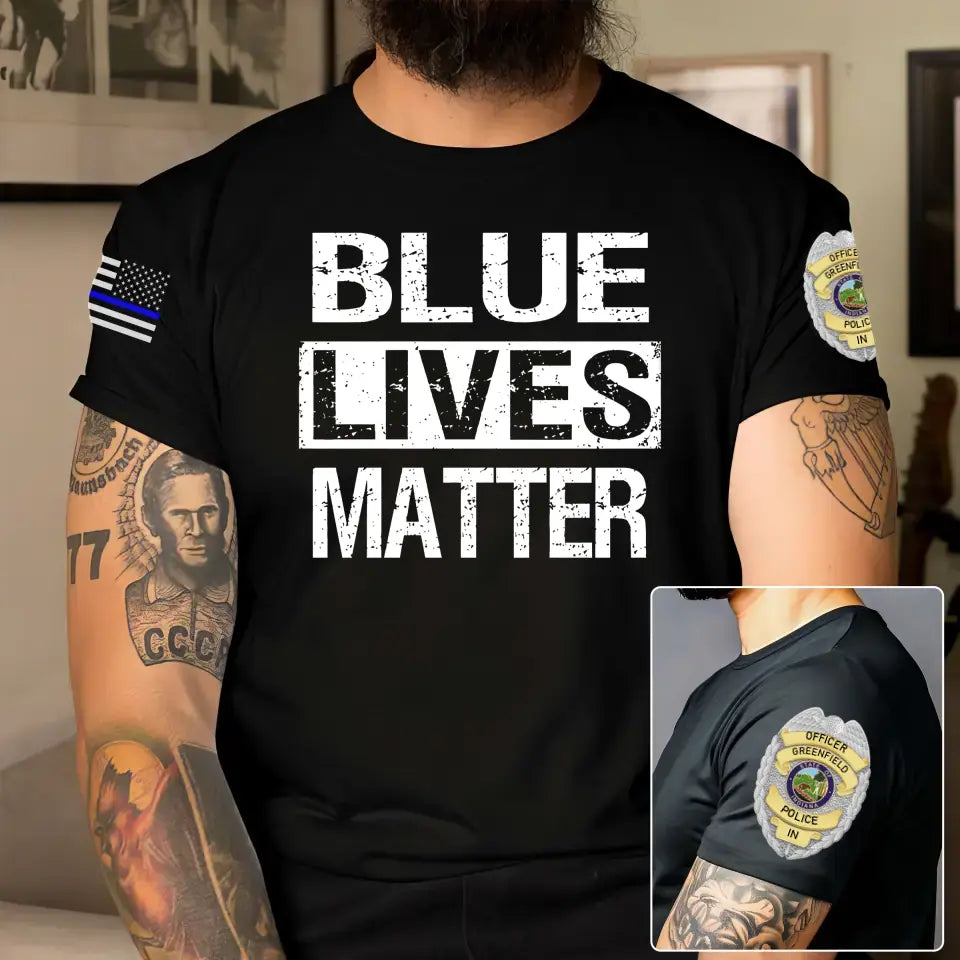 Personalized Blue Lives Matter US Police Badge US Flag Blue Line T-shirt Printed QTKH241865