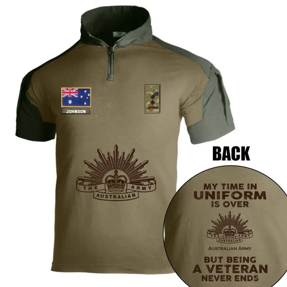 Personalized My Time In Uniform Is Over Australian Army But Being A Veteran Never Ends Australian Veteran Rank Camo Hiking Army Shirt Printed AHVQ241860