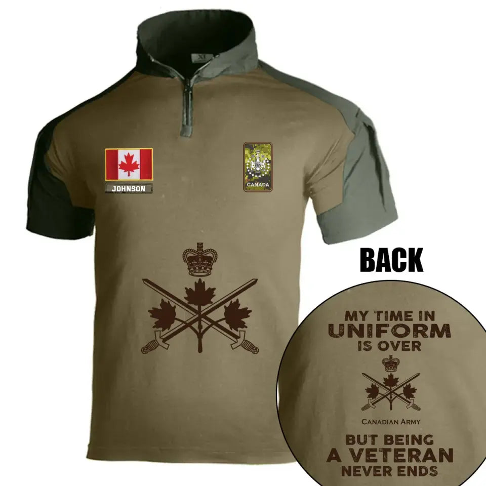Personalized My Time In Uniform Is Over Canadian Army But Being A Veteran Never Ends Canadian Veteran Rank Camo Hiking Army Shirt Printed AHVQ241860