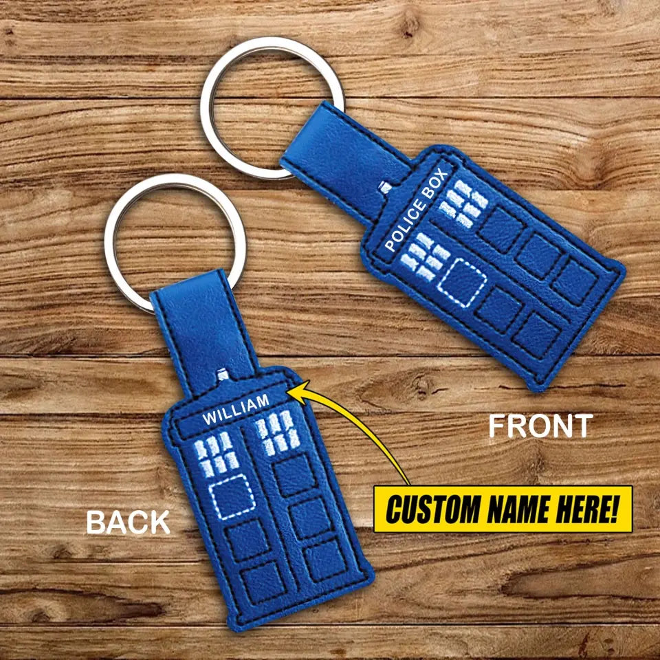 Personalized Blue Police Box Custom Name Leather Keychain Printed QTVA241847