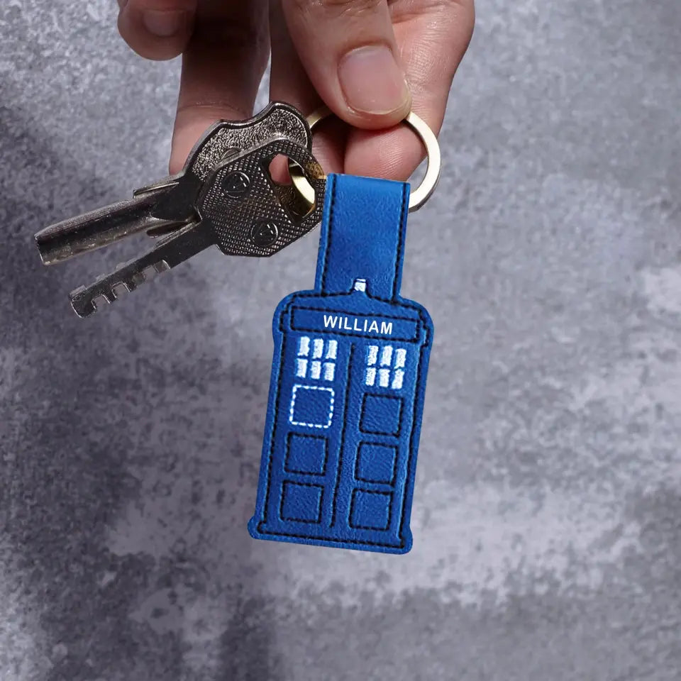 Personalized Blue Police Box Custom Name Leather Keychain Printed QTVA241847