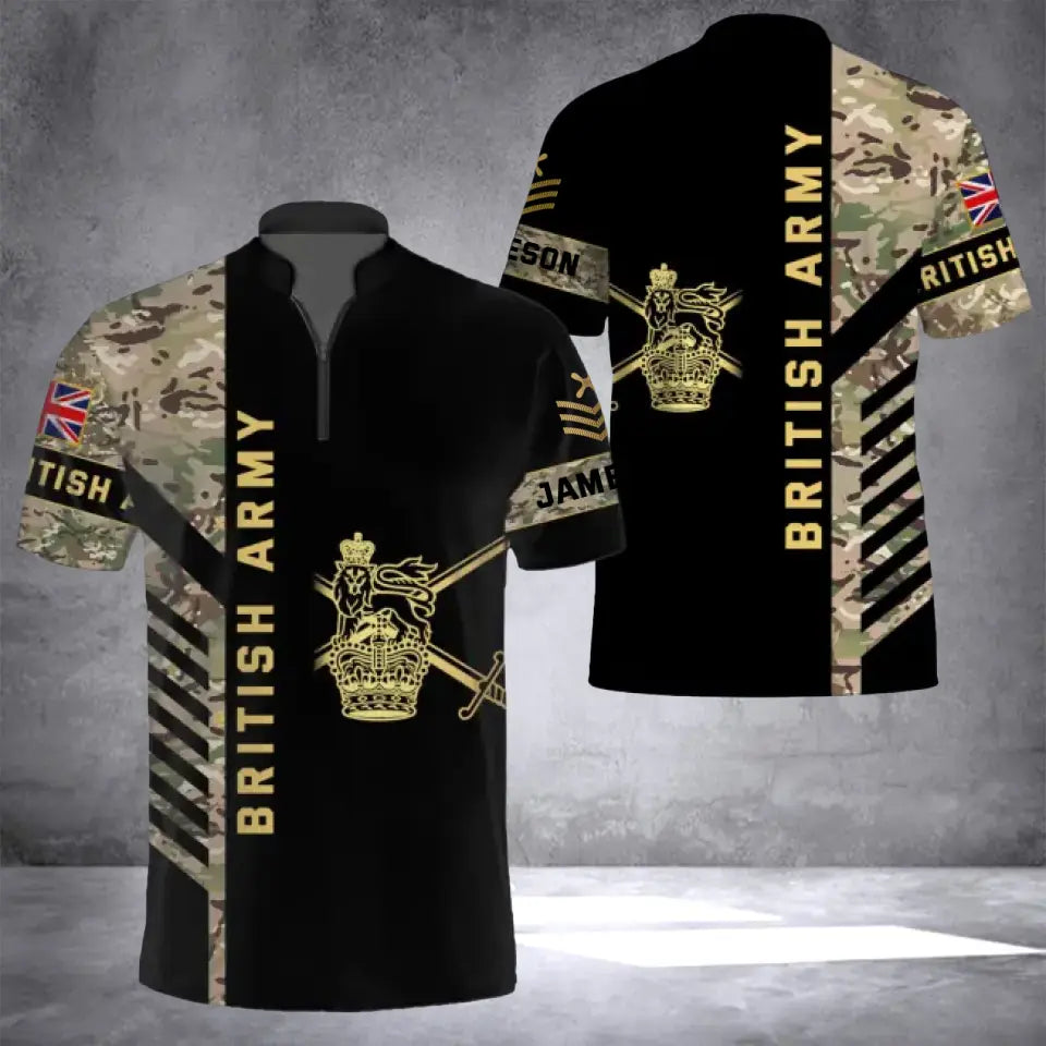 Personalized British Army Veteran Camo Rank Gold & Name Half Turtleneck Short Sleeve Polo 3D Printed AHVQ241867