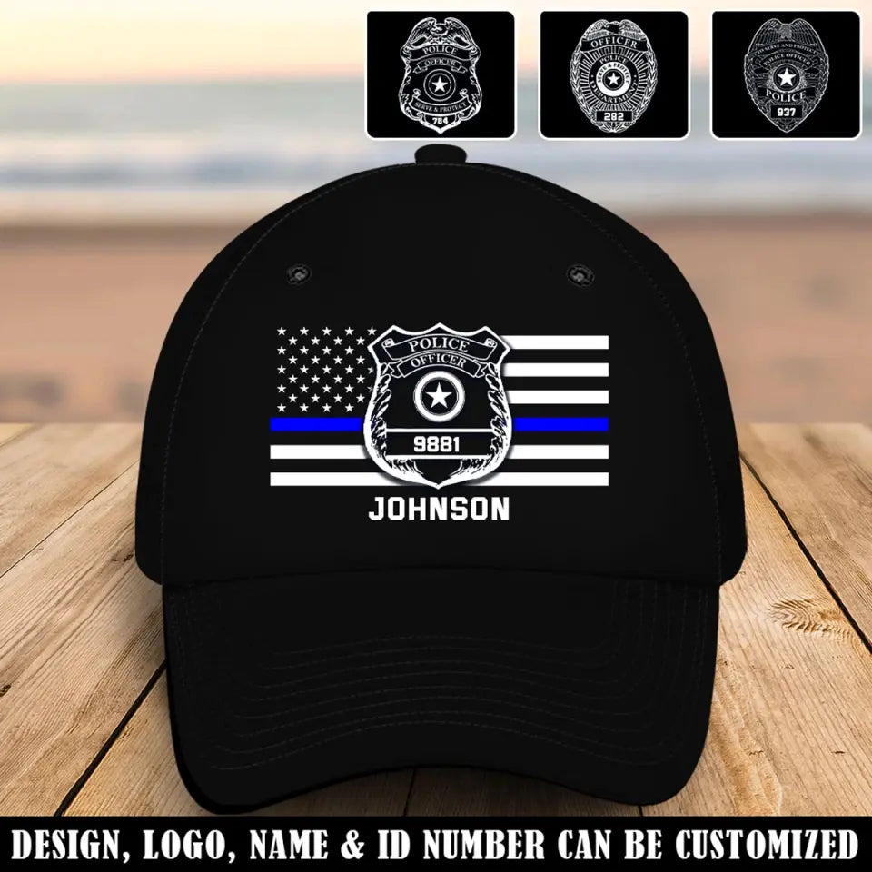 Personalized US Police Badge US Police Flag Custom Name & ID Black Cap 2D Printed QTVQ241881