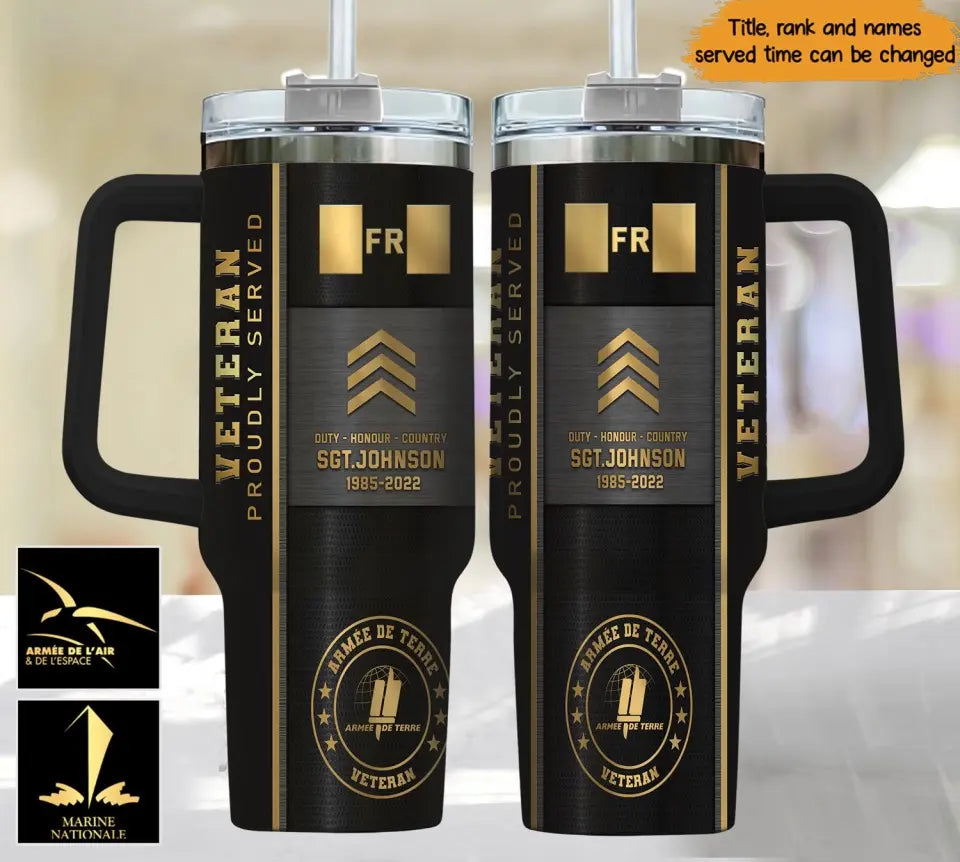 Personalized French Army Veteran Rank Gold & Name Proudly Served 40OZ Matte Tumbler With Handle Printed AHHN241876