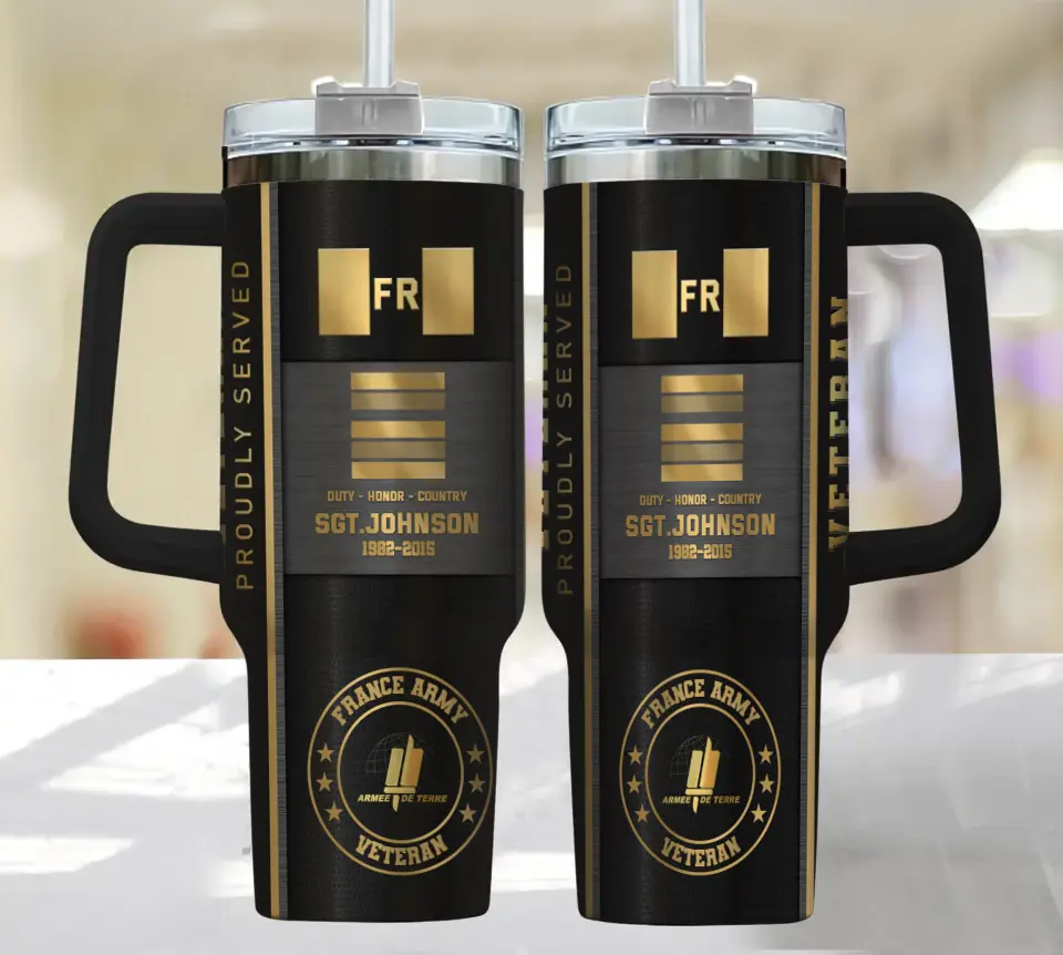 Personalized French Army Veteran Rank Gold & Name Proudly Served 40OZ Matte Tumbler With Handle Printed AHHN241876