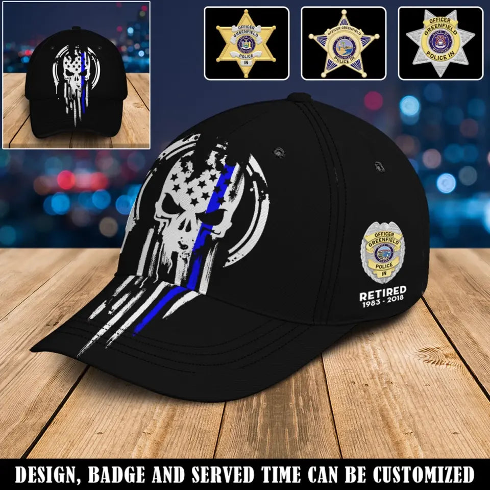 Personalized Skull Blue Line US Police Badge & Service Time Cap 3D Printed QTVQ241907