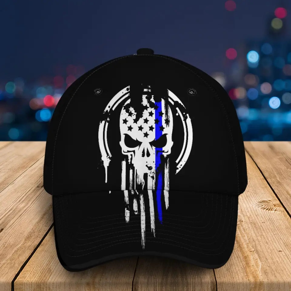 Personalized Skull Blue Line US Police Badge & Service Time Cap 3D Printed QTVQ241907