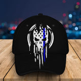Personalized Skull Blue Line US Police Badge & Service Time Cap 3D Printed QTVQ241907