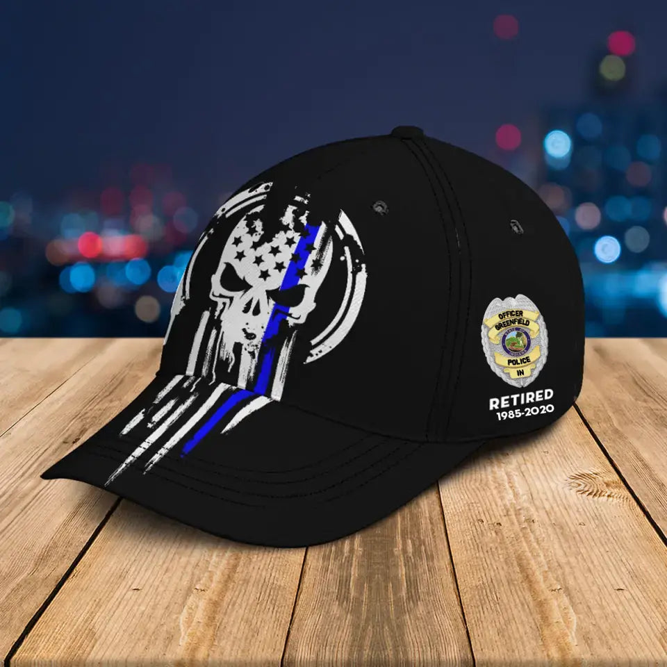 Personalized Skull Blue Line US Police Badge & Service Time Cap 3D Printed QTVQ241907
