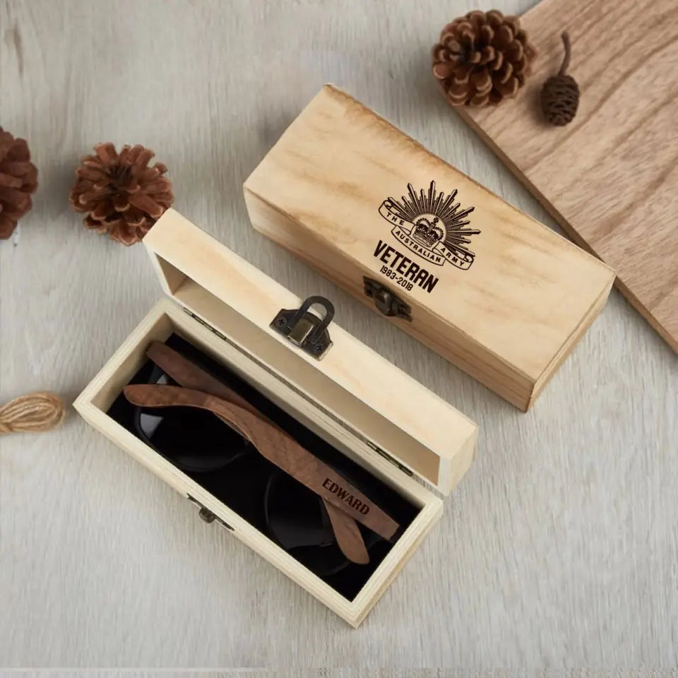 Personalized Australian Army Veteran Logo Custom Name & Time Engraved Wooden Sunglasses Printed VQ241898
