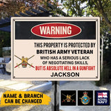 Personalized Warning This Property Is Protected By British Army Vetaran Who Has A Serious Lack Of Negotiating Skills But Is Absolute Hell In A Gunfight Metal Sign Printed AHVA241935