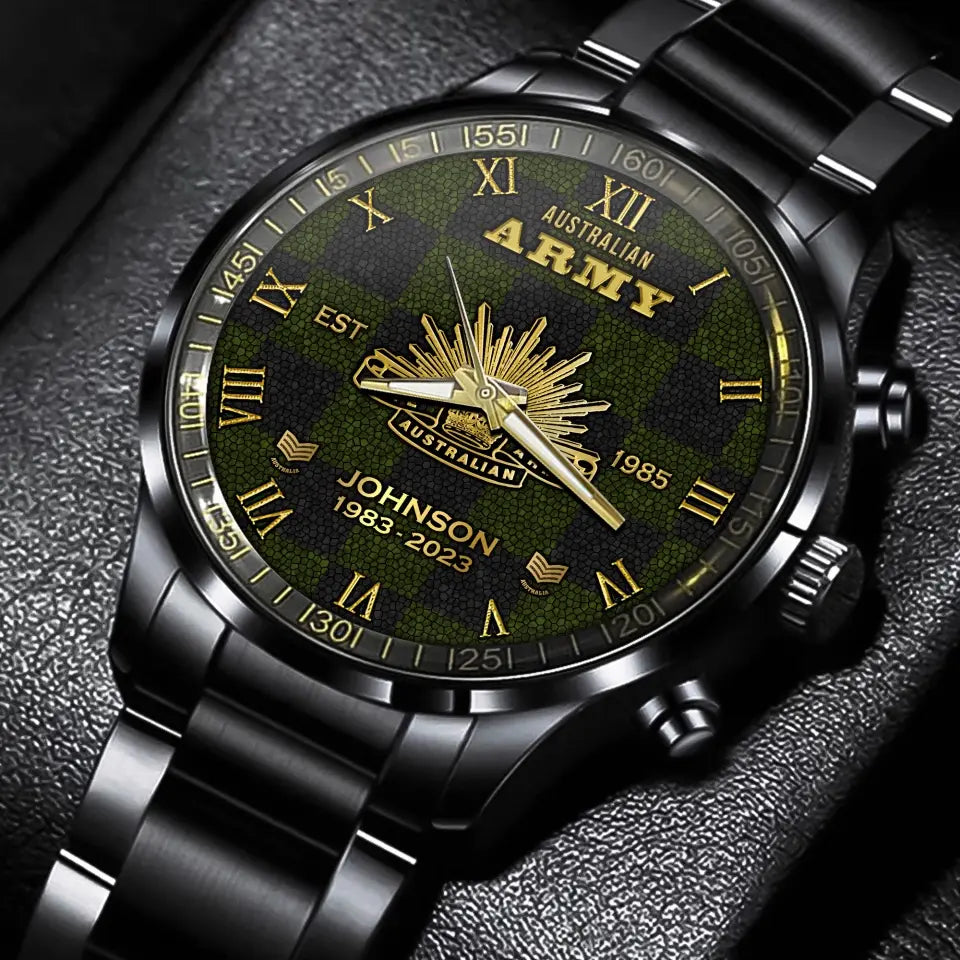 Personalized Australian Army Veteran Australian Military Logo Custom Rank Gold & Service Time Watch Printed AHVA241938