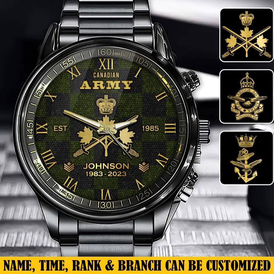 Personalized Canadian Army Veteran Canadian Military Logo Custom Rank Gold & Service Time Watch Printed AHVA241938