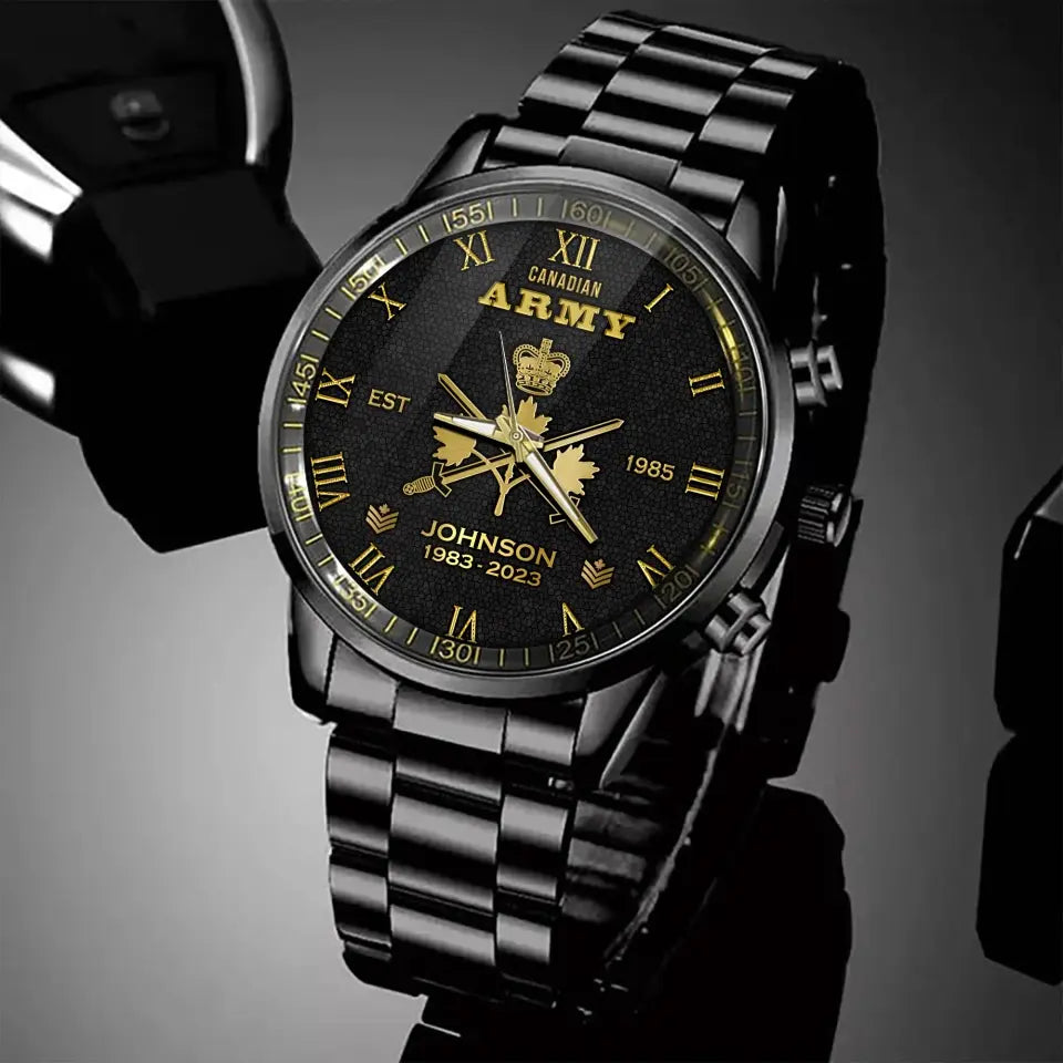 Personalized Canadian Army Veteran Canadian Military Logo Custom Rank Gold & Service Time Watch Printed AHVA241938