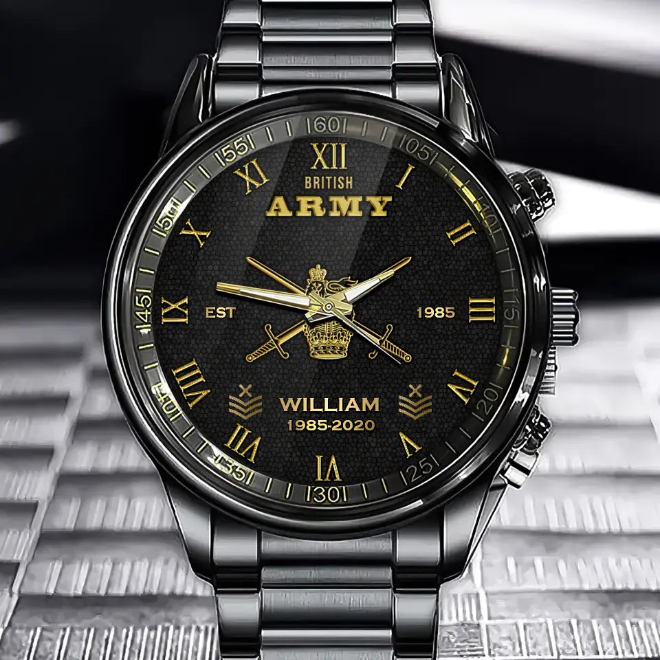 Personalized British Army Veteran British Military Logo Custom Rank Gold & Service Time Watch Printed AHVA241938