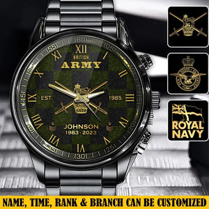 Personalized British Army Veteran British Military Logo Custom Rank Gold & Service Time Watch Printed AHVA241938