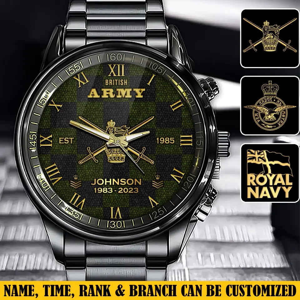 Personalized British Army Veteran British Military Logo Custom Rank Gold & Service Time Watch Printed AHVA241938