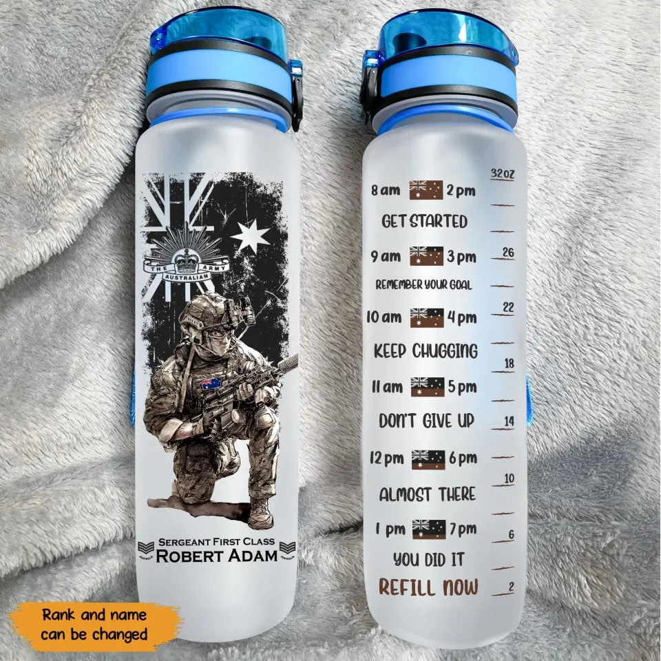 Personalized Australian Veteran Australian Military Logo Custom Rank & Name Water Tracker Bottle Printed KVH241940