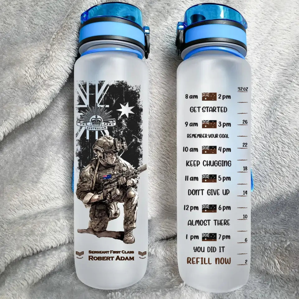 Personalized Australian Veteran Australian Military Logo Custom Rank & Name Water Tracker Bottle Printed KVH241940
