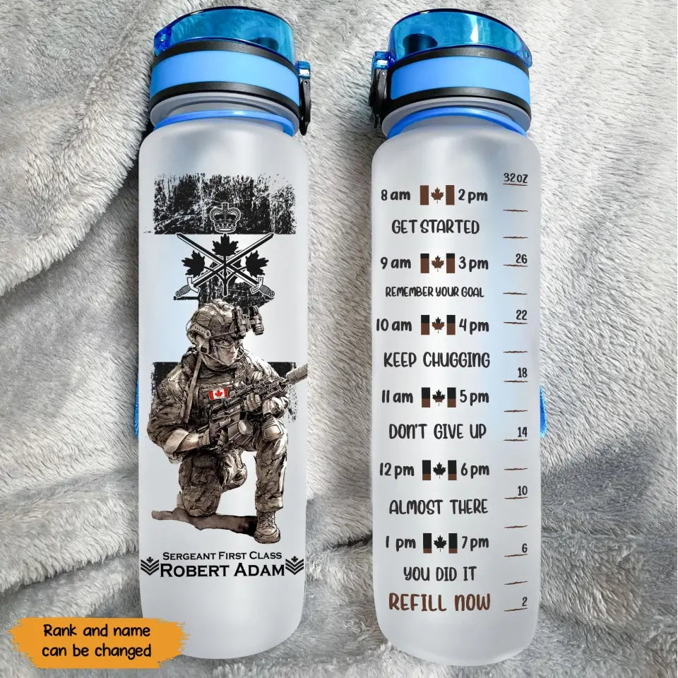Personalized Canadian Veteran Canadian Military Logo Custom Rank & Name Water Tracker Bottle Printed KVH241940