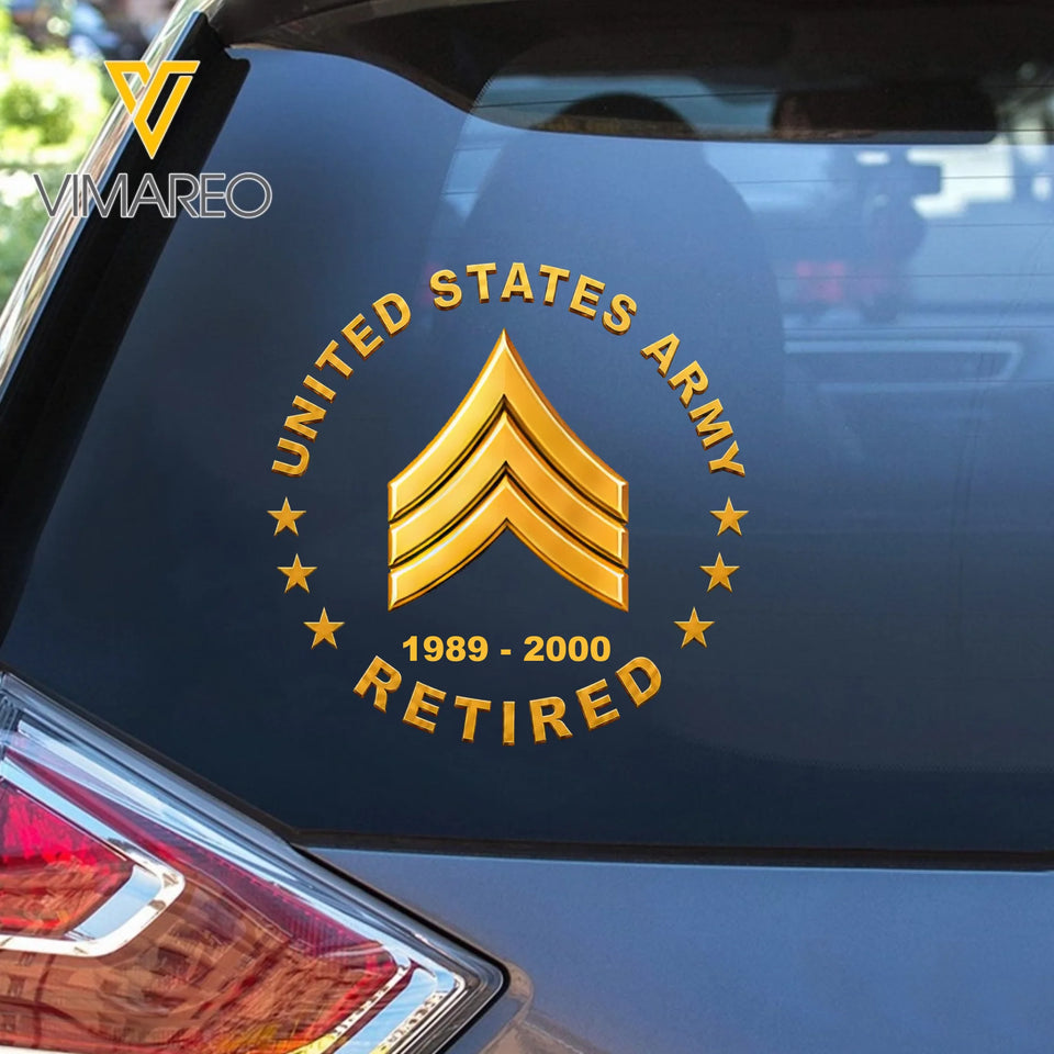 Personalized US Military Retired Custom Rank &  Time Car Decal Printed