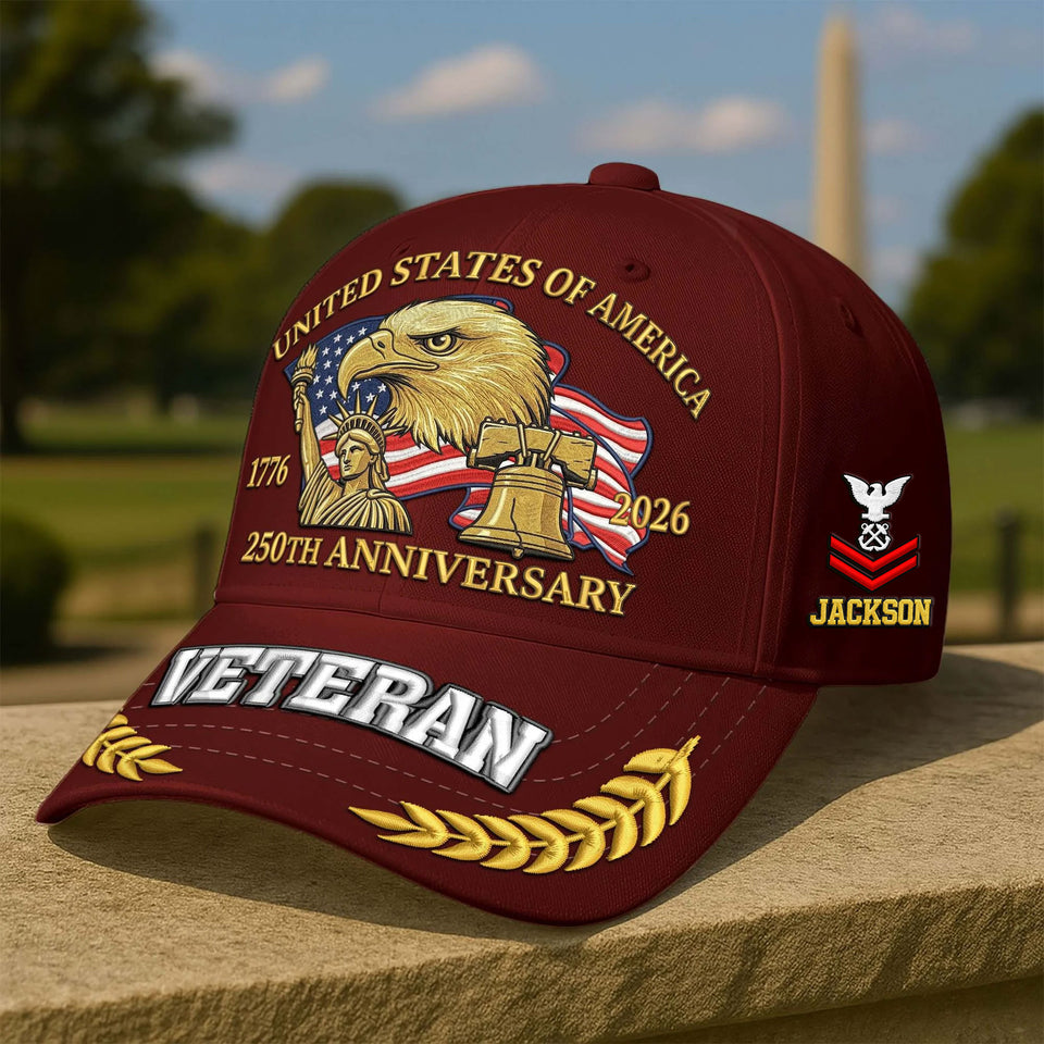 Personalized Premium America 250th Anniversary Embroidered US Veterans Hats C25032601, Gifts For U.S. Veterans, Gifts For Independence Day, Veterans Day.