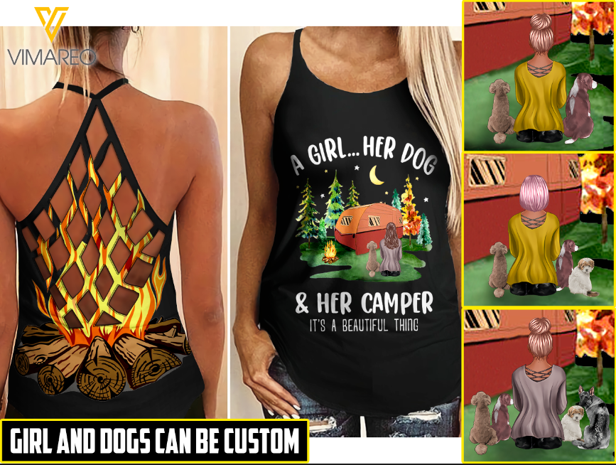 CUSTOMIZED DOG CAMPING GIRL CRISS CROSS TANK