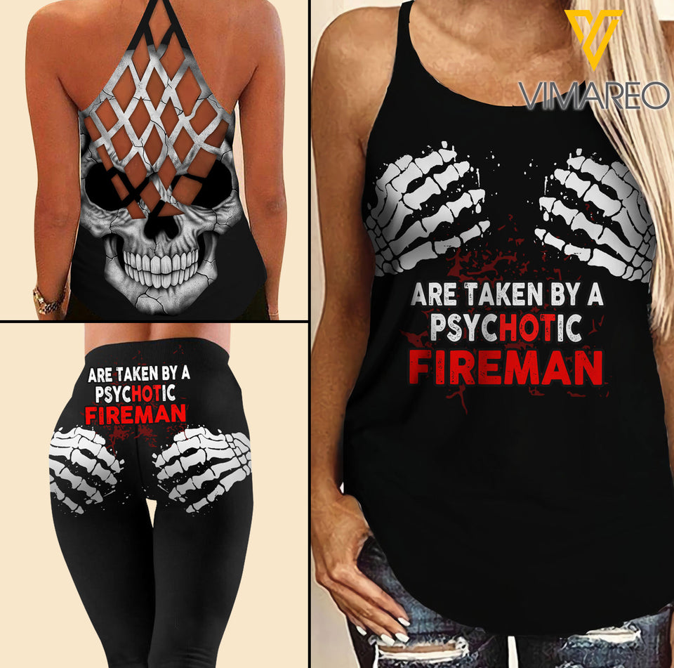 TAKEN HOT FIREMAN Criss-Cross Open Back Camisole Tank Top Legging TMT SKULL