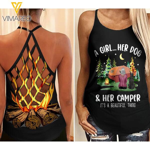 CUSTOMIZED DOG CAMPING GIRL CRISS CROSS TANK