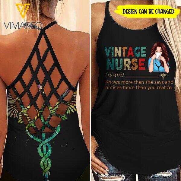 PERSONALIZED VINTAGE NURSE BLACK CRISS CROSS TANK
