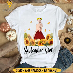 PERSONALIZED SEPTEMBER GIRL SUNFLOWER WHITE TSHIRT PRINTED TNMA2907