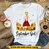 PERSONALIZED SEPTEMBER GIRL SUNFLOWER WHITE TSHIRT PRINTED TNMA2907