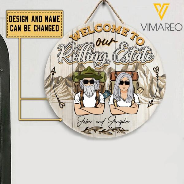 WELCOME TO OUR ROLLING ESTATE CAMPING COUPLE WOODEN WELCOME DOOR SIGN TNTN0508