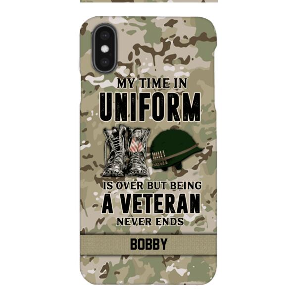 PERSONALIZED MY TIME IN UNIFORM IS OVER BUT BEING A VETERAN NEVER ENDS PHONECASE TNTN2110