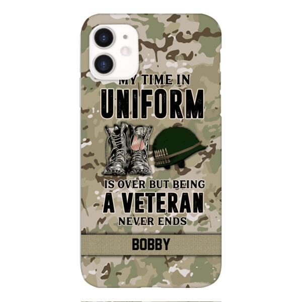 PERSONALIZED MY TIME IN UNIFORM IS OVER BUT BEING A VETERAN NEVER ENDS PHONECASE TNTN2110