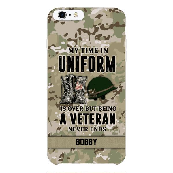 PERSONALIZED MY TIME IN UNIFORM IS OVER BUT BEING A VETERAN NEVER ENDS PHONECASE TNTN2110