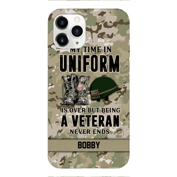 PERSONALIZED MY TIME IN UNIFORM IS OVER BUT BEING A VETERAN NEVER ENDS PHONECASE TNTN2110