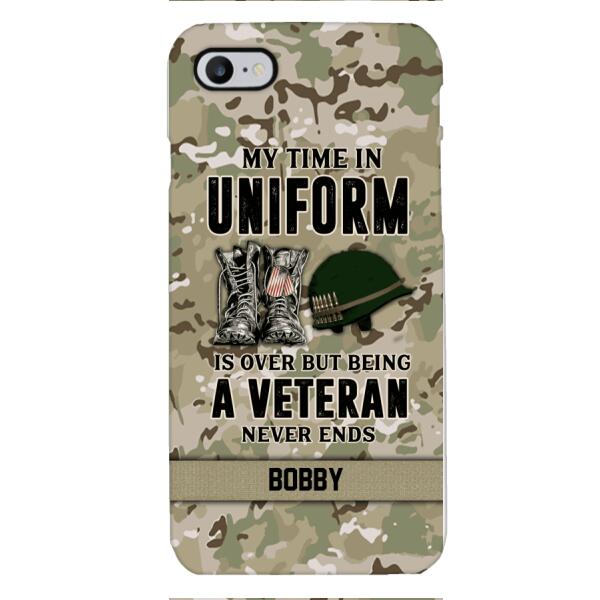 PERSONALIZED MY TIME IN UNIFORM IS OVER BUT BEING A VETERAN NEVER ENDS PHONECASE TNTN2110