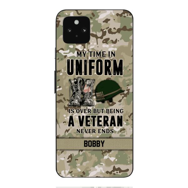 PERSONALIZED MY TIME IN UNIFORM IS OVER BUT BEING A VETERAN NEVER ENDS PHONECASE TNTN2110