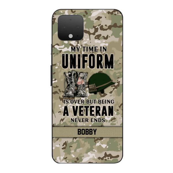 PERSONALIZED MY TIME IN UNIFORM IS OVER BUT BEING A VETERAN NEVER ENDS PHONECASE TNTN2110