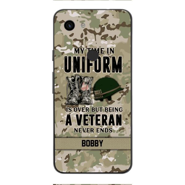 PERSONALIZED MY TIME IN UNIFORM IS OVER BUT BEING A VETERAN NEVER ENDS PHONECASE TNTN2110